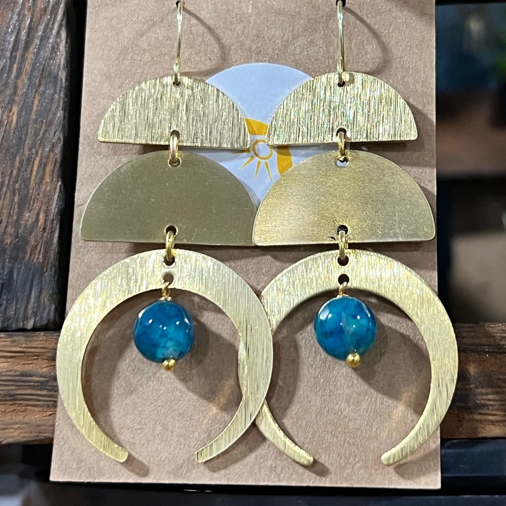 Hand Crafted Raw Brass & Glass Moon Phase Earrings
